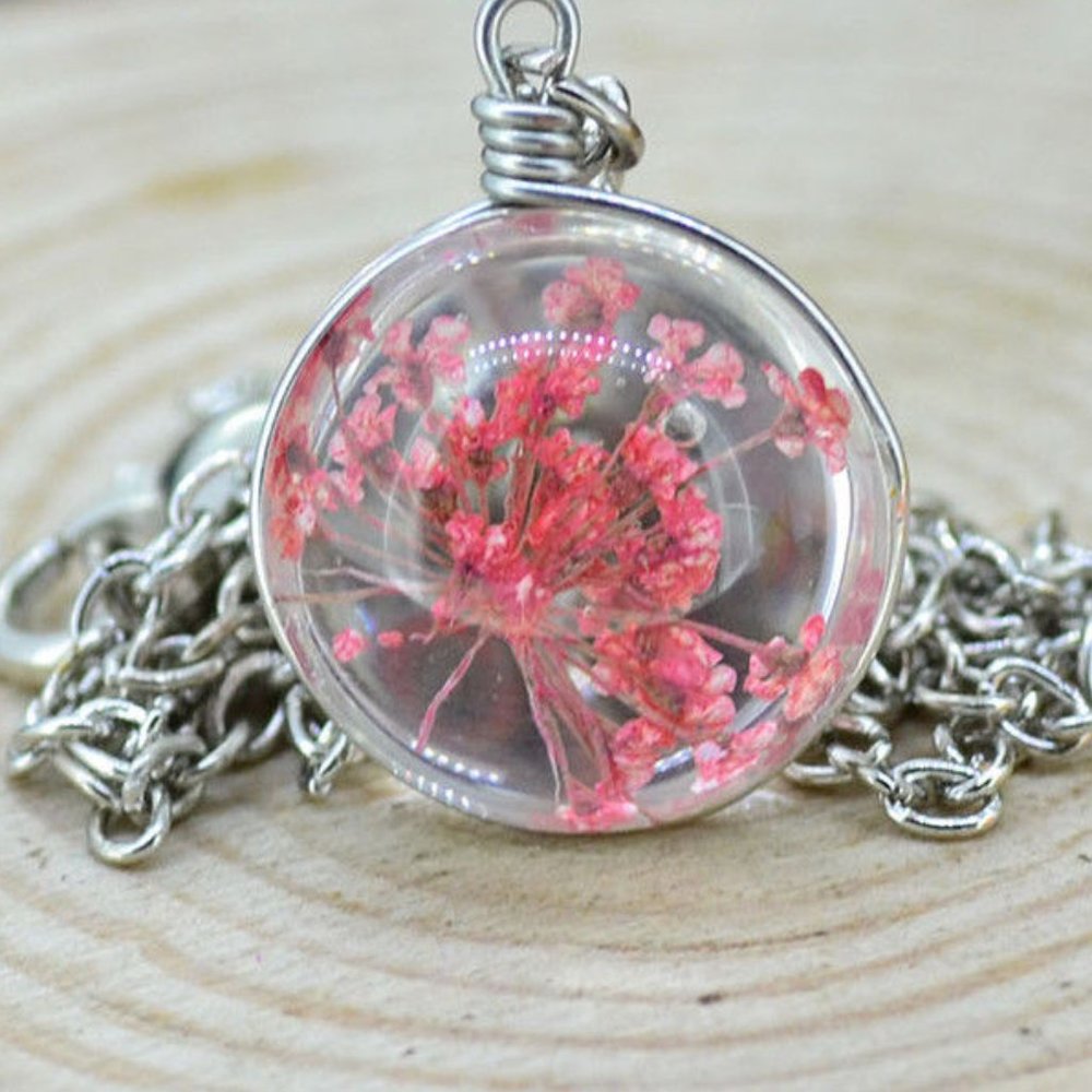 Dried Pink Flower Glass Orb Chain Necklace - Picture 2 of 3